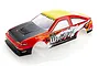 A red and yellow pre-painted 1/10 scale RC car body shell with carbon fiber hood detail and racing decals on a white background.