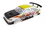 HSP 1/10 scale pre-painted RC drift car body shell with white, yellow, and carbon fiber pattern, featuring racing decals and a rear spoiler.