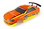 HSP 1/10 scale orange and yellow pre-painted RC drift car body shell with black rear spoiler and racing decals.