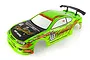 A pre-painted green HSP 1/10 scale RC on-road drift car body shell with black carbon fiber hood detail and racing decals.