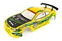 A yellow HSP 1/10 scale RC drift car body shell with carbon fiber hood detail, racing decals, and a black rear spoiler against a white background.