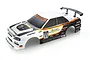 A white and black pre-painted 1/10 scale RC drift car body shell with racing decals and a rear spoiler, isolated on a white background.