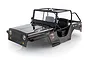 A grey painted 1/10 scale RC Jeep body shell with a roll cage, seats, and decals on a white background.