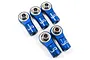 Five blue anodized aluminium RC rod ends with silver ball joints, arranged on a white background.