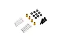 A set of RC shock replacement parts including four gold-coloured bushings, eight black O-rings, four small metal springs, and four black screws.