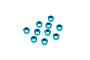 A collection of ten blue anodized aluminium M3 countersunk washers arranged on a white background.