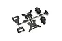 A black plastic parts tree containing shock towers and gearbox components for a Kyosho RC model.