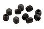 A collection of ten small black metal grub screws with hexagonal drive sockets, arranged on a white background.