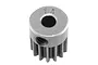 A close-up studio shot of a 14-tooth steel pinion gear with a set screw hole, showing the number 14 stamped on the top face.