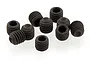 A collection of ten black metal grub screws with hexagonal drive sockets arranged on a white background.