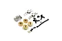 A collection of metal RC upgrade parts for Kyosho Mini-Z 4x4, including brass wheel hubs, black steering links, and silver chassis brackets on a white background.