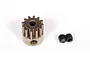 A 12-tooth steel pinion gear for RC cars, shown with two small black grub screws on a white background.