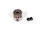 A 13-tooth metal pinion gear and two small black grub screws on a white background.