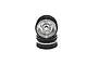 Two Kyosho 1.9 inch Rostyle style RC car rims with a chrome plated finish and black inner barrels stacked vertically.