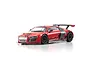 A red Kyosho Mini-Z Audi R8 LMS RC car viewed from a three-quarter angle against a white background.