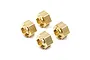 Four Yeah Racing brass 12mm wheel hex adapters arranged on a white background.