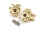 Two brass steering knuckles for an RC crawler with mounting screws on a white background.