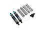 Two 90mm Yeah Racing blue aluminium big bore RC shocks with extra springs and hardware on a white background.