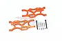 A set of orange anodized aluminium rear lower suspension arms for an RC car, including mounting hardware, against a white background.