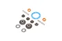Losi Baja Rey open rear differential gear set including metal bevel gears, shafts, washers, O-rings, and a blue gasket on a white background.