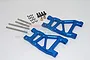 GPM Racing blue aluminium rear lower suspension arms for RC cars, including metal pins, screws, e-clips, and bushings on a white background.