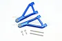 A pair of blue anodized aluminium front upper suspension arms for an RC car, including two metal pins, two small screws, and two washers.