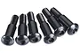 Six black metal button head shoulder screws with hex drive heads arranged in a row on a white background.