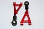 Two red anodized aluminium RC suspension arms with black plastic rod ends on a white background.