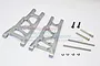 GPM Racing grey aluminium rear lower suspension arms for RC cars, including metal pins, screws, and e-clips on a white background.