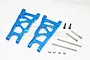 A pair of blue anodized aluminium rear suspension arms for an RC car, including screws, hinge pins, and E-clips, laid out on a white background.