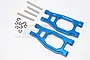 Two blue anodized aluminium RC front upper suspension arms with four metal hinge pins and eight E-clips on a white background.