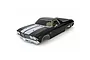 A black Kyosho 1/10 scale Chevrolet El Camino SS 396 RC car body shell with silver racing stripes on a white background.