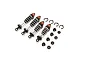 A set of four Kyosho RC shock absorbers with white springs, orange caps, and black plastic mounting hardware on a white background.