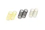 A set of six RC shock springs in three pairs of different colours: gold, black, and silver, arranged on a white background.