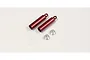 Two red anodized aluminum rear shock cases with two silver metal collars and four small clear O-rings on a white background.