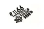 A black plastic parts tree containing various RC body mount components for the Kyosho Inferno MP9.