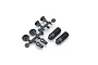 Kyosho RC shock plastic parts set including a sprue of small components and two threaded shock bodies on a white background.