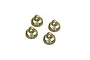 Four silver-coloured metal shock caps for Kyosho 1/8 scale RC cars arranged on a white background.