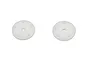 Two white circular RC shock pistons with five holes each, isolated on a white background.