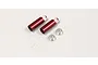 Two red anodized aluminum shock bodies with silver caps and four clear plastic O-rings for Kyosho Optima RC buggy.