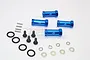 Four blue anodized aluminium +25mm wheel hex adapters with included screws, pins, O-rings, and washers on a white background.