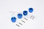 Four blue anodized aluminium hex adapters with four metal pins and four small screws on a white background.