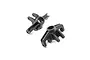 Two black plastic RC steering hubs for Losi vehicles, shown from different angles on a white background.