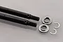Losi rear axle shaft set including two black metal axle shafts, two silver spacers, and two metal C-clips on a grey background.