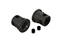 Two dark grey steel differential outdrive cups and two small black cylindrical spacers for ARRMA RC vehicles.