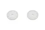 Two white Kyosho shock pistons with eight holes each, designed for RC car shock absorbers.