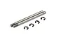 Two silver metal RC shock shafts and four small black E-clips arranged on a white background.