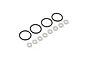 A set of four black rubber O-rings and eight translucent plastic washers arranged on a white background.