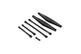 A set of black plastic RC suspension and steering links of various lengths arranged on a white background.