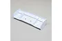 A white plastic RC car wing with two vertical side plates and two central support fins, shown from a high angle against a neutral grey background.